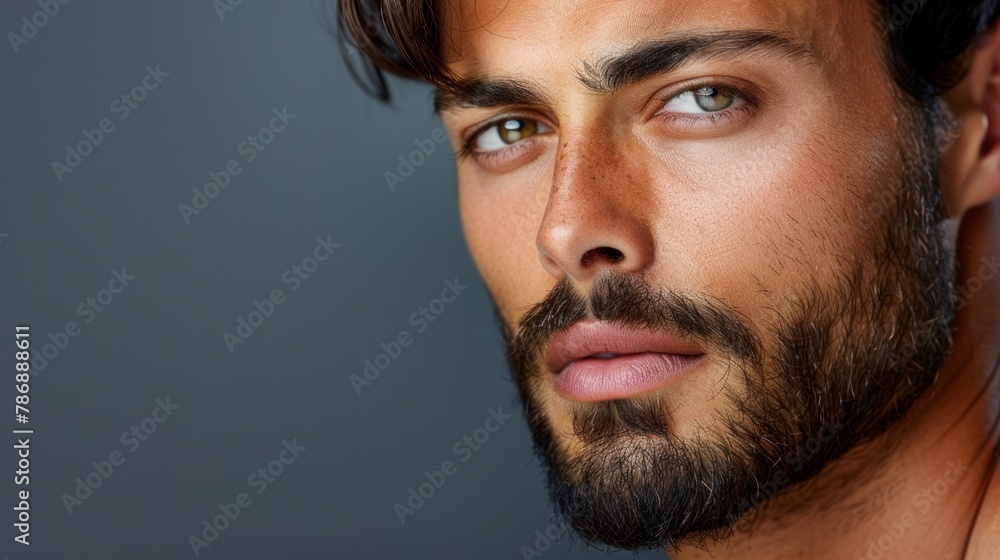 A detailed view of a man showcasing a full beard up close A detailed view of a man showcasing a full beard up close
