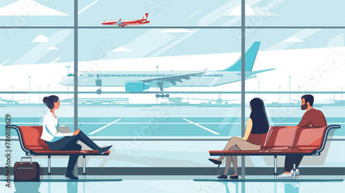 Business man and woman sitting in airport arrival wai