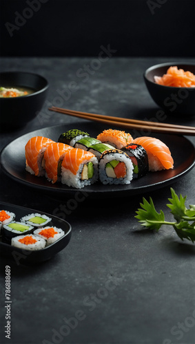 Image of fresh sushi served on a dining table, typical Japanese 47