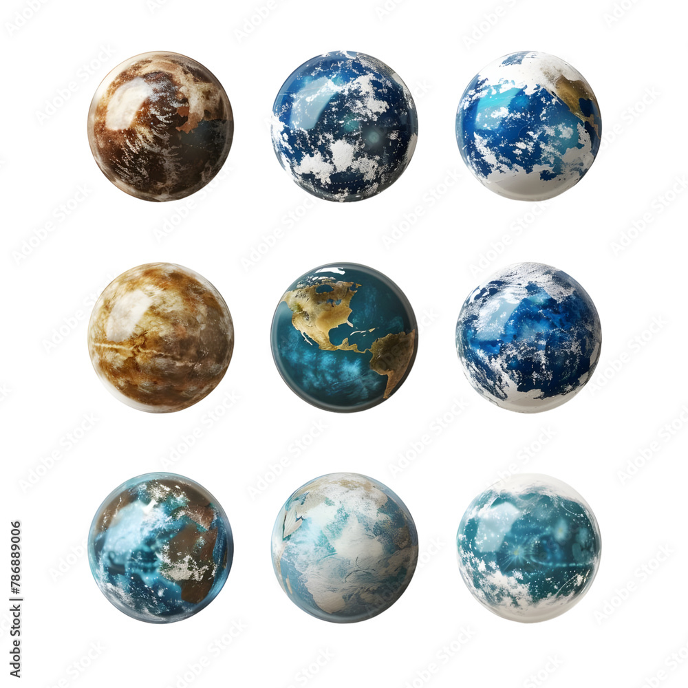 set of different types of planets with vibrant colors isolated on transparent background