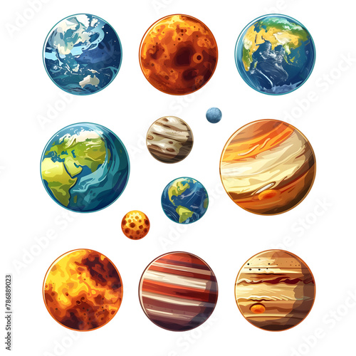 set of different types of planets with vibrant colors isolated on transparent background