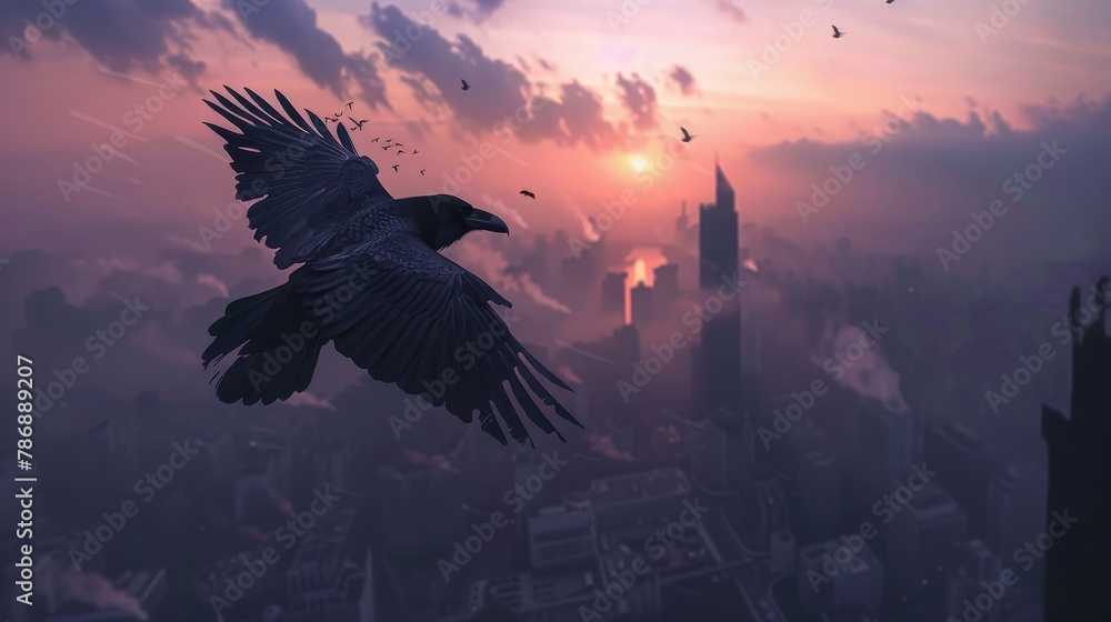 Cyberenhanced raven flying over a dystopian city at twilight Stock ...