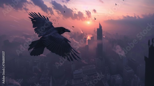 Cyberenhanced raven flying over a dystopian city at twilight