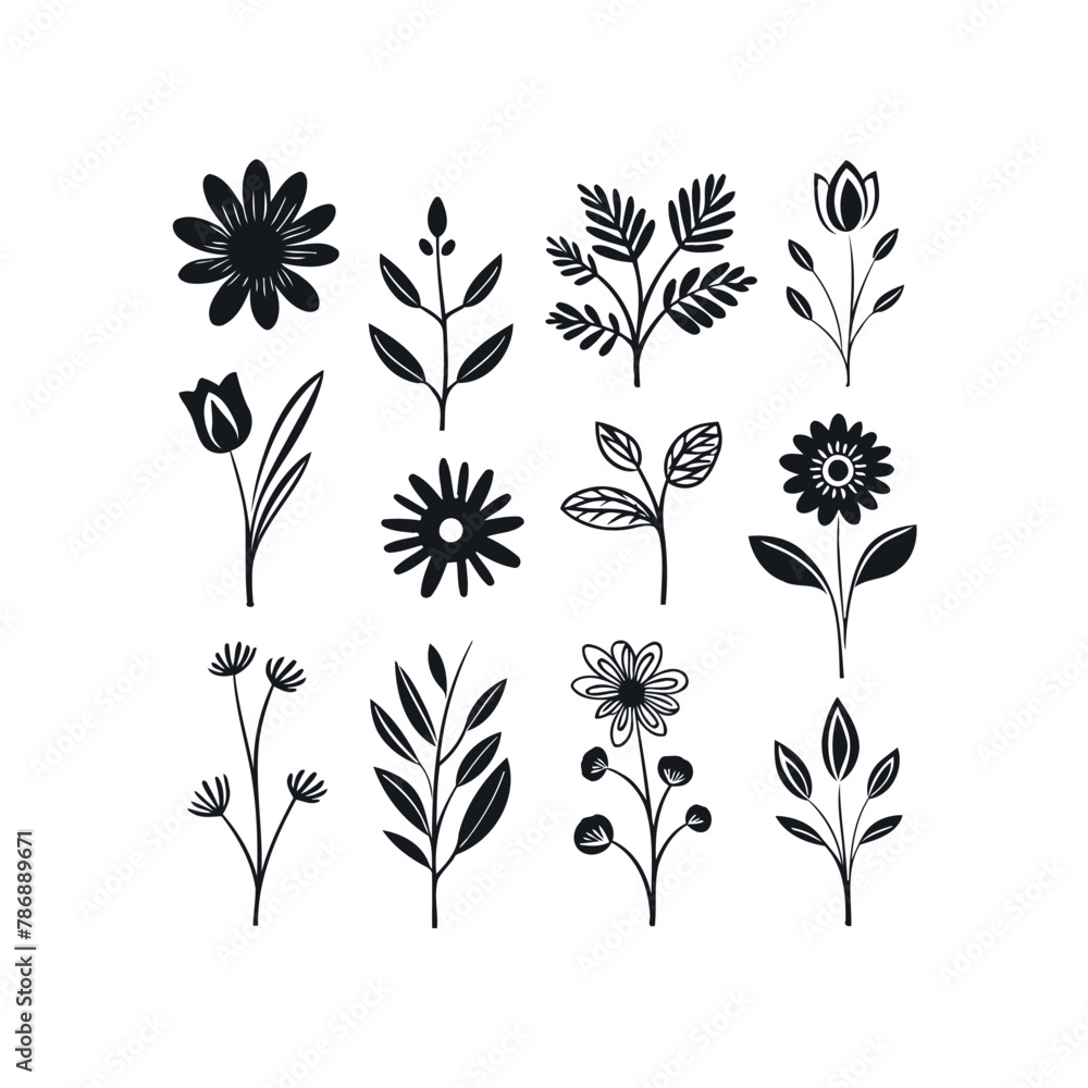 Black Silhouette Botanical Illustrations Set. Hand drawn style. Vector illustration design