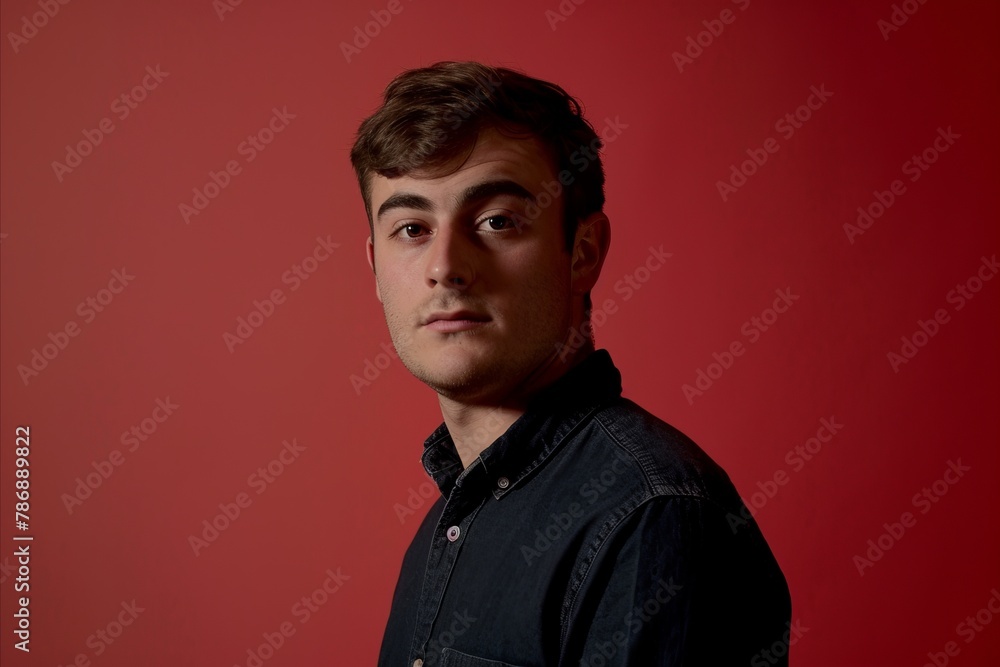 Portrait of a handsome young man in a black shirt on a red background Portrait of a handsome young man in a black shirt on a red background
