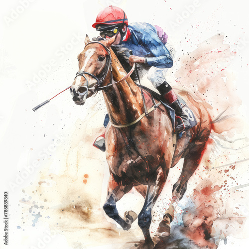 Rider on horseback. Horse racing and racetrack. Watercolor illustration isolated on white background. 
