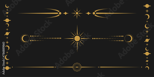 Vector celestial golden border set with stars, moon phases, crescents and dots. Collection of ornate shiny magical isolated clipart for mystic decoration