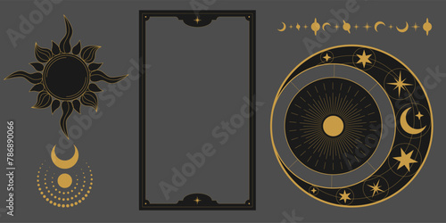 Vector mystic celestial set a with golden outline sun, stars, crescents and moon phases. Black occult shiny linear labels with a magical frame stylized as engraving