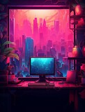 A chilling vibe wallpaper of a workroom which comes with glass walls among the near colorful buildings with a beautiful sunset view. Generative AI.
