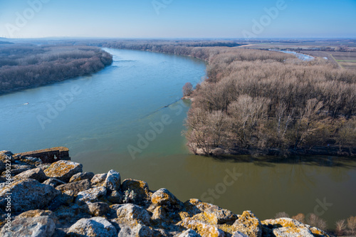 Photography View of confluence of Danube and Morava rivers.