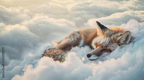 Photo illustration of a fox sleeping soundly on fluffy clouds with soft twilight light