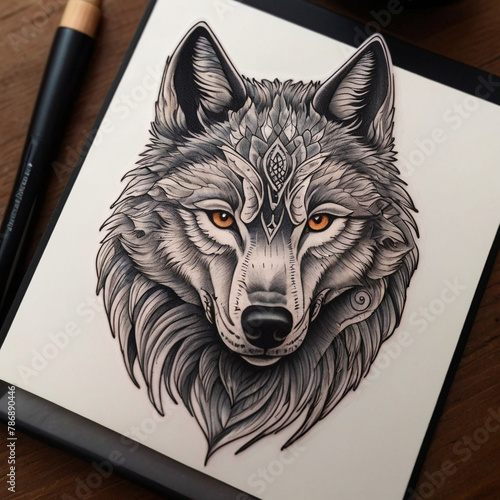 Intricate Wolf Head Illustration on Paper Displayed