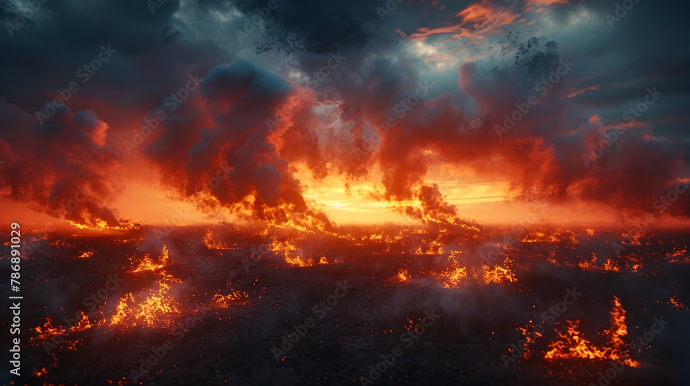 Raging Inferno Against Ominous Twilight Sky in Apocalyptic Landscape - Dramatic 3D Rendered Cinematic Scene