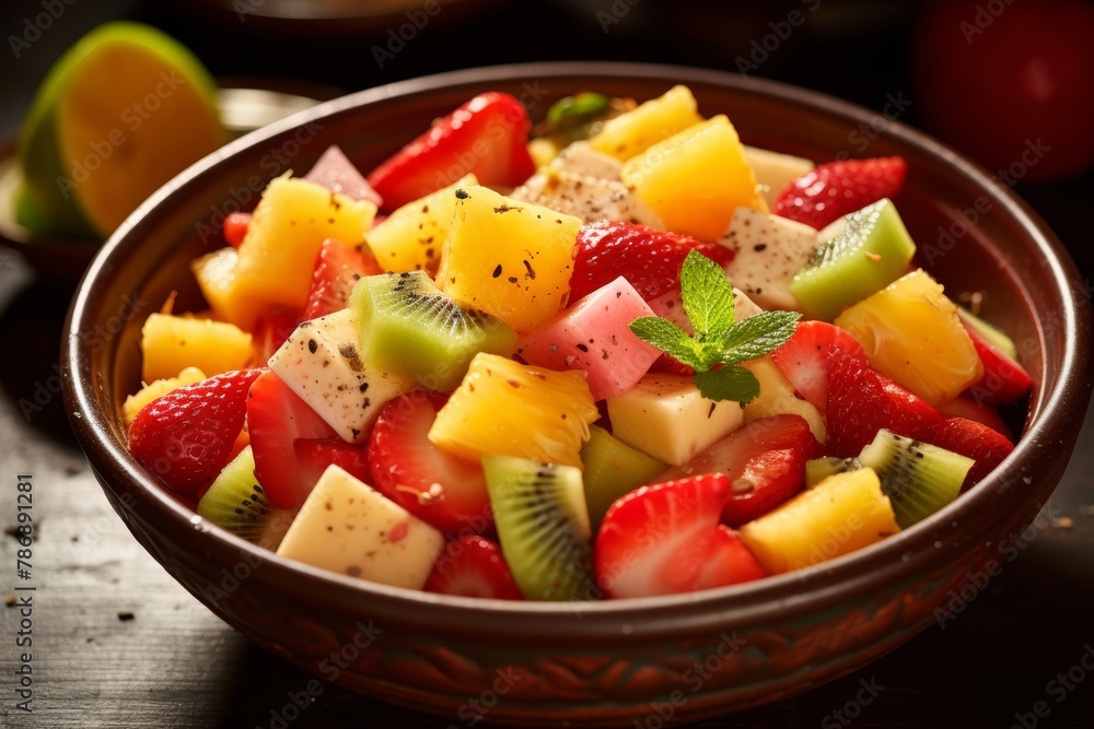 
Close-up image of a colorful bowl of Mexican street-style fruit salad (fruta picada), featuring a mix of fresh tropical fruits, such as mango, pineapple, watermelon, and jicama, seasoned with lime ju