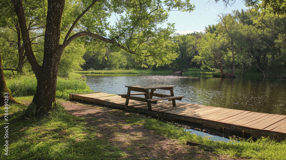 A serene riverside picnic spot, with a rustic wooden dock extending over the water, offering a peaceful retreat for picnickers to relax and enjoy nature's beauty. A serene riverside picnic spot, with a rustic wooden dock extending over the water, offering a peaceful retreat for picnickers to relax and enjoy nature's beauty.