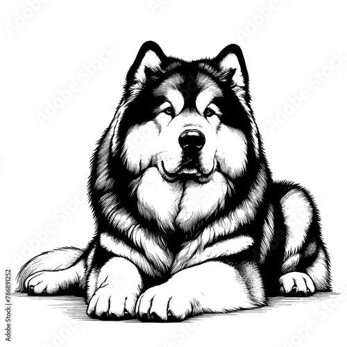 Full-length Alaskan Malamute laying down. Hand Drawn Pen and Ink. Vector Isolated in White. Engraving vintage style illustration for print, tattoo, t-shirt, sticker	
