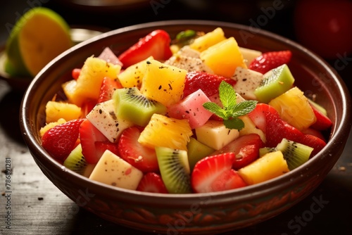 
Close-up image of a colorful bowl of Mexican street-style fruit salad (fruta picada), featuring a mix of fresh tropical fruits, such as mango, pineapple, watermelon, and jicama, seasoned with lime ju