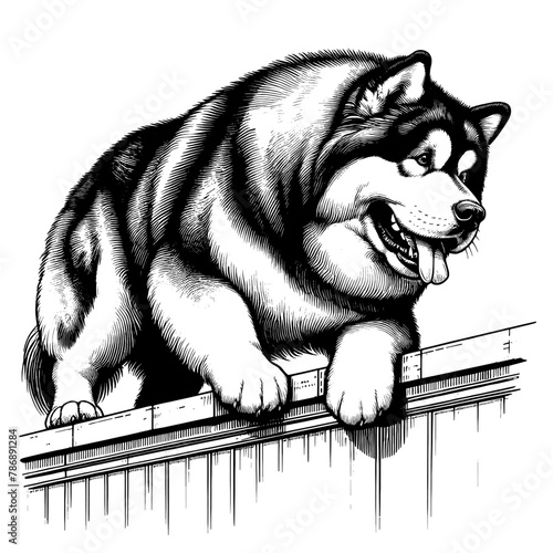Happy Alaskan Malamute hanging over a wall. Hand Drawn Pen and Ink. Vector Isolated in White. Engraving vintage style illustration for print, tattoo, t-shirt, sticker	