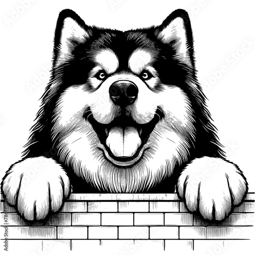 Happy Alaskan Malamute hanging over a wall. Hand Drawn Pen and Ink. Vector Isolated in White. Engraving vintage style illustration for print, tattoo, t-shirt, sticker	