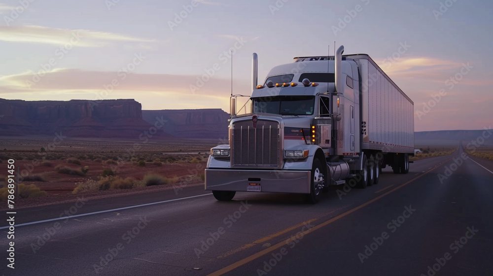 A stunning image unfolds as a massive semi-truck confidently maneuvers through the southwest U.S. on an isolated road. The HD camera perfectly captures the essence of the American highway.
