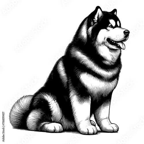 Full-length Alaskan Malamute sitting. Hand Drawn Pen and Ink. Vector Isolated in White. Engraving vintage style illustration for print, tattoo, t-shirt, sticker	