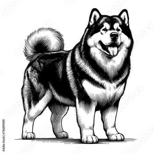 Full-length Alaskan Malamute standing. Hand Drawn Pen and Ink. Vector Isolated in White. Engraving vintage style illustration for print, tattoo, t-shirt, sticker	