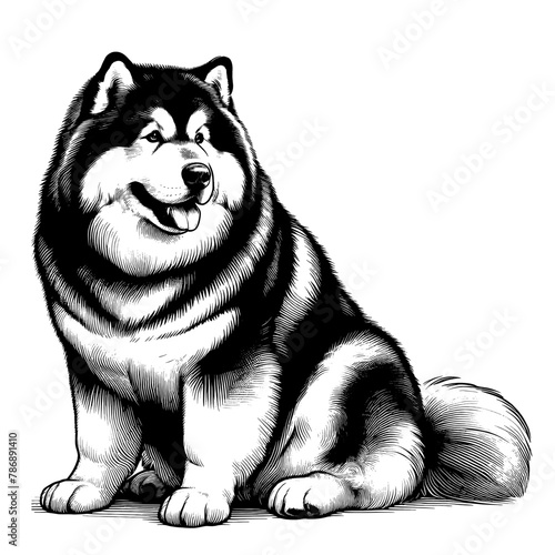 Full-length Alaskan Malamute sitting. Hand Drawn Pen and Ink. Vector Isolated in White. Engraving vintage style illustration for print, tattoo, t-shirt, sticker	