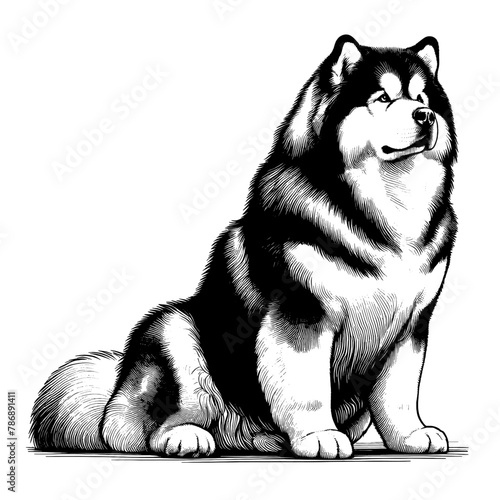 Full-length Alaskan Malamute sitting. Hand Drawn Pen and Ink. Vector Isolated in White. Engraving vintage style illustration for print, tattoo, t-shirt, sticker	