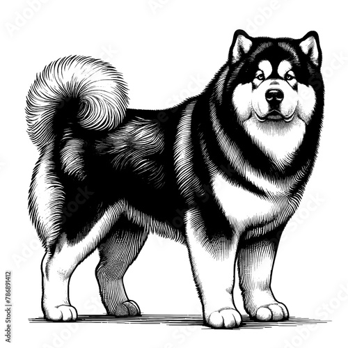 Full-length Alaskan Malamute standing. Hand Drawn Pen and Ink. Vector Isolated in White. Engraving vintage style illustration for print, tattoo, t-shirt, sticker	