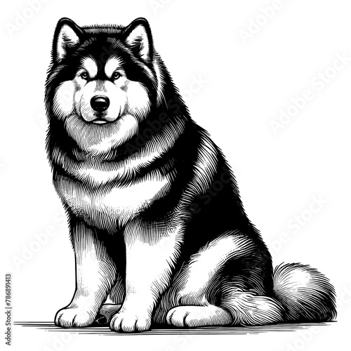 Full-length Alaskan Malamute sitting. Hand Drawn Pen and Ink. Vector Isolated in White. Engraving vintage style illustration for print, tattoo, t-shirt, sticker	