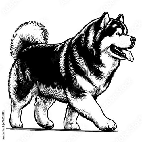 Full-length Alaskan Malamute walking. Hand Drawn Pen and Ink. Vector Isolated in White. Engraving vintage style illustration for print, tattoo, t-shirt, sticker	