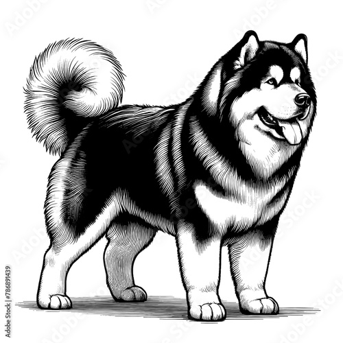 Full-length Alaskan Malamute standing. Hand Drawn Pen and Ink. Vector Isolated in White. Engraving vintage style illustration for print, tattoo, t-shirt, sticker	