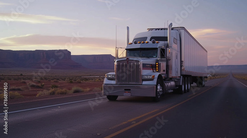 A stunning image unfolds as a massive semi-truck confidently maneuvers through the southwest U.S. on an isolated road. The HD camera perfectly captures the essence of the American highway. photo