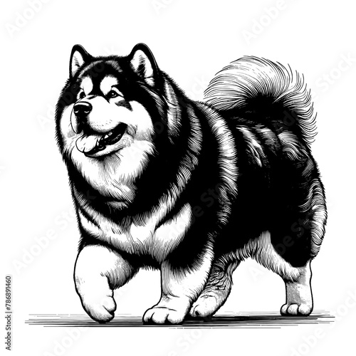 Full-length Alaskan Malamute walking. Hand Drawn Pen and Ink. Vector Isolated in White. Engraving vintage style illustration for print, tattoo, t-shirt, sticker	