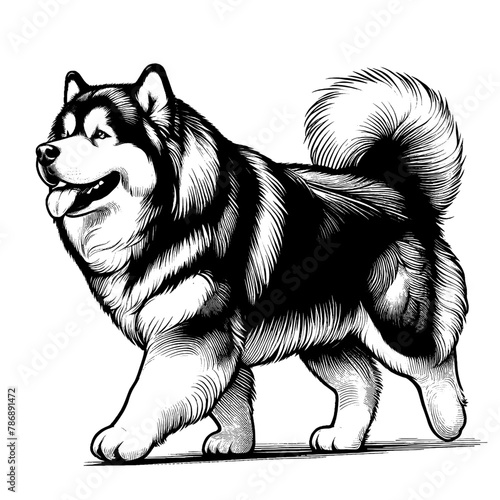 Full-length Alaskan Malamute walking. Hand Drawn Pen and Ink. Vector Isolated in White. Engraving vintage style illustration for print, tattoo, t-shirt, sticker	