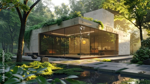 Generate a 3D rendering of a modern cubic house, isolated in a serene environment with abundant trees photo