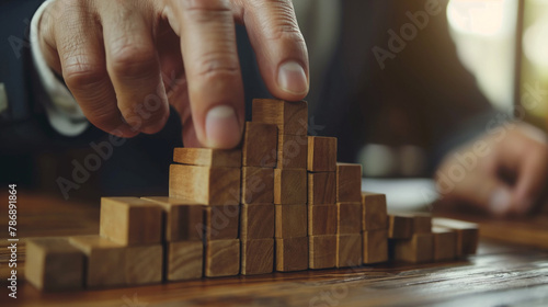 Business growth concept, male hands arranged stacked wooden blocks steps on white table, future business growth arrow, development to achieve goals, copy space. photo