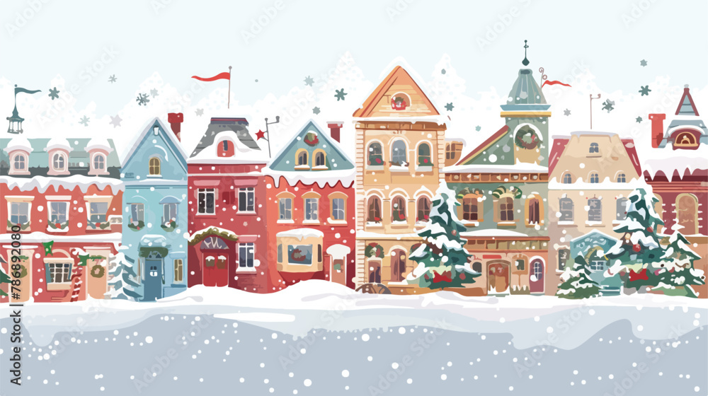 Christmas town illustration. Xmas snowy old town