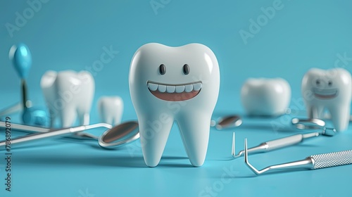 Generate a captivating 3D illustration showcasing teeth and dental instruments against a soothing blue background