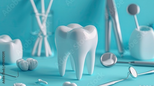 Generate a captivating 3D illustration showcasing teeth and dental instruments against a soothing blue background