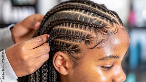  hairdresser weaves girl black dreadlocks. Close up of braiding process. Generative AI	