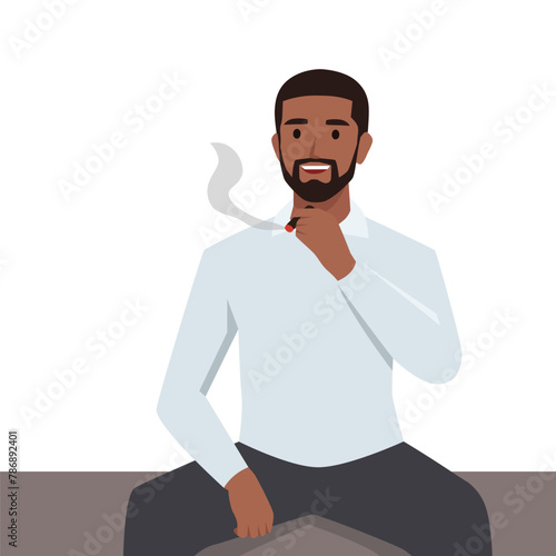 Young man smoking a cigarette. Tobacco dependence. Flat vector illustration isolated on white background photo