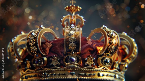 Generate a majestic 3D rendering illustrating a royal crown in intricate detail