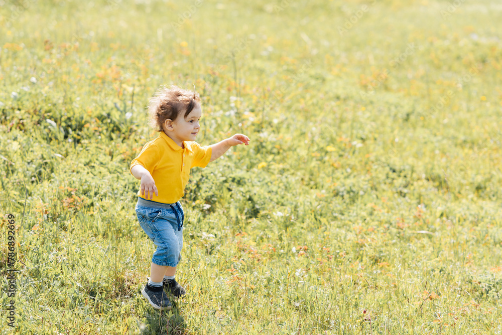 happy boy runs and plays outdoors in a field happy boy runs and plays outdoors in a field
