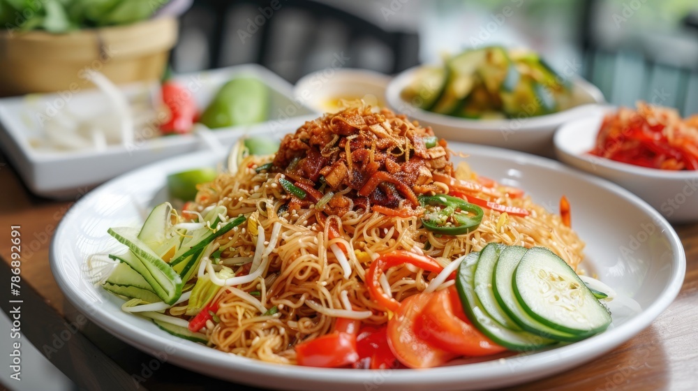 Fried Vermicelli Dish with Spices Vegetables and Pickled Cucumber on White Plate