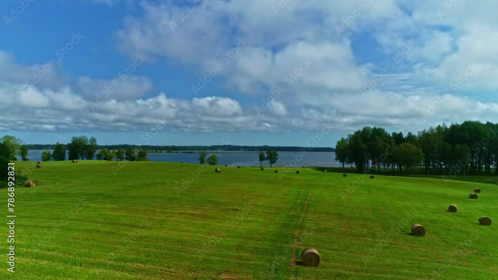 Aerial view of amazing lakeside next to freshly mow lawn, agricultural site of Europe Aerial view of amazing lakeside next to freshly mow lawn, agricultural site of Europe