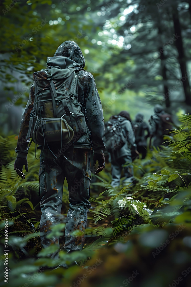 Stealthy Military Unit Navigates Lush Forest Terrain on Covert Mission Stealthy Military Unit Navigates Lush Forest Terrain on Covert Mission