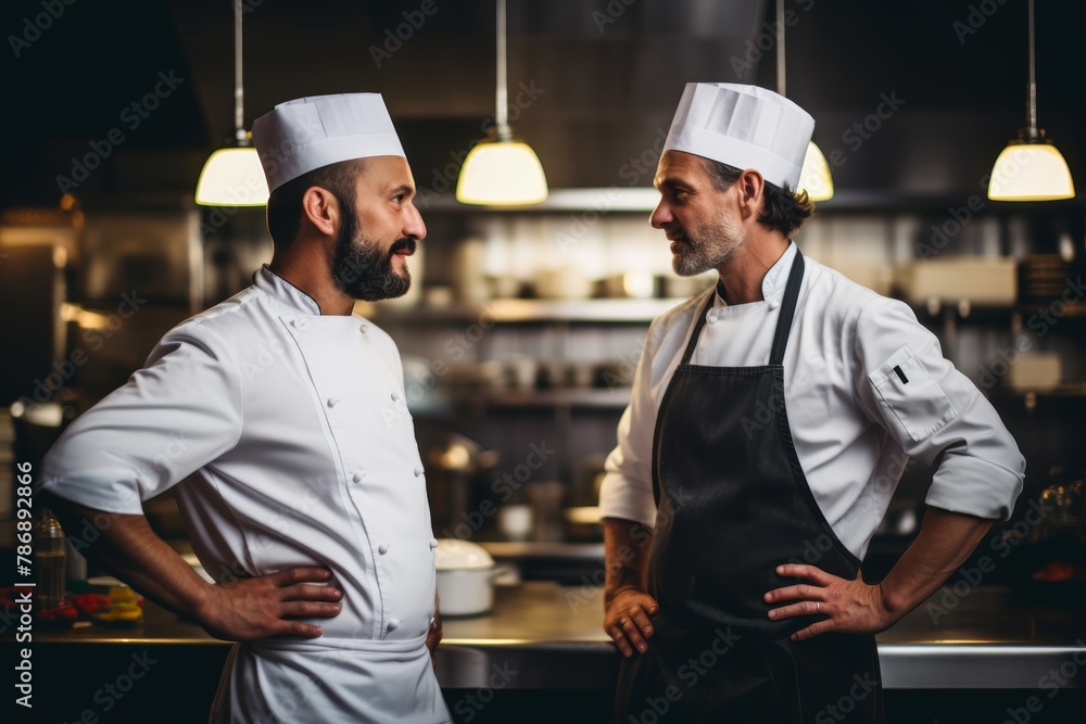 Chef and sous chef having a deep conversation about culinary techniques and flavor combinations. Chef and sous chef having a deep conversation about culinary techniques and flavor combinations.