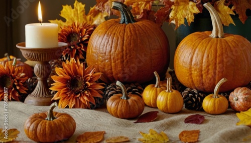 Festive autumn d  cor from pumpkins  flowers and fall leaves. Concept of Thanksgiving day