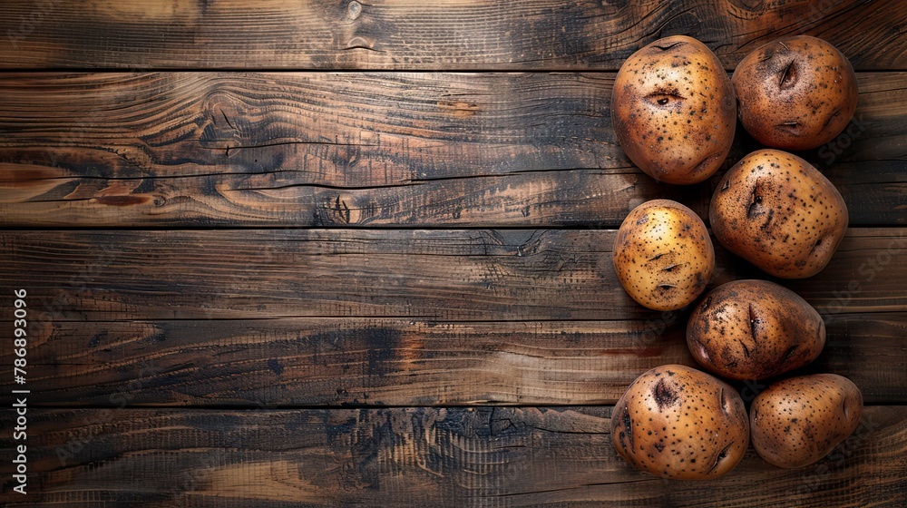 dirty potatoes on wooden background with copy space. Generative AI dirty potatoes on wooden background with copy space. Generative AI